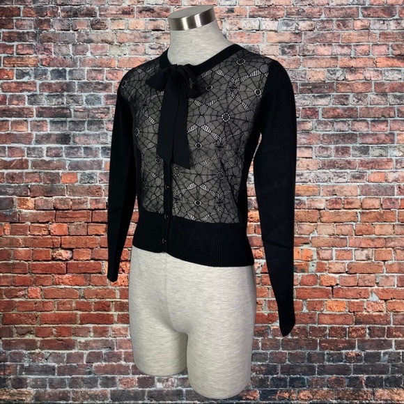 Jawbreaker Web Lace Cardigan with Chiffon Tie Black - Picture 1 of 5